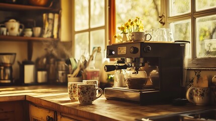 Fototapeta premium Modern Black Coffee Machine in a Stylish Kitchen with Cup - Sleek Home Appliance Closeup