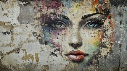 Faded street art on a weathered concrete wall, vibrant colors softened by time, urban decay and artistic expression intertwined.