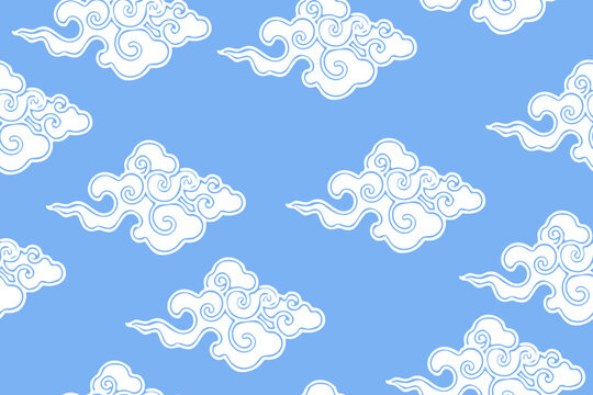 Traditional chinese or tibetan clouds on blue background. Oriental seamless horizontal pattern or banner.