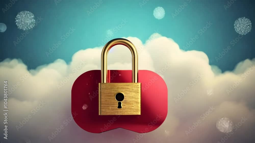 Poster Secure Your Dreams: A golden padlock rests confidently on a red platform, symbolizing the safety and security of your most cherished aspirations, amidst a backdrop of ethereal clouds.  