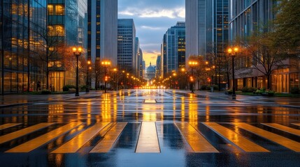 Fototapeta premium City street at sunset reflecting lights after rain.