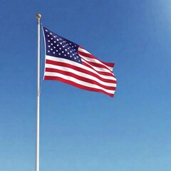 "An American flag flying high on a flagpole illustration, set against a clear sky, symbolizing patriotism with vibrant colors and full detail."