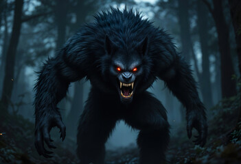Obraz premium A large, muscular werewolf with dark fur, glowing red eyes, and a snarling, fanged expression in a dark