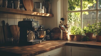 Fototapeta premium Modern Black Coffee Machine in a Stylish Kitchen with Cup - Sleek Home Appliance Closeup