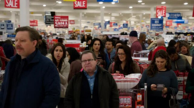 A crowded shopping mall filled with people during a sale event, showcasing the hustle and bustle of retail.