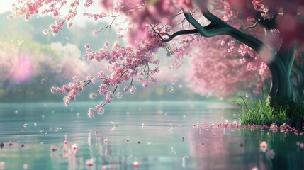 A tree with pink flowers hangs over a peaceful body of water