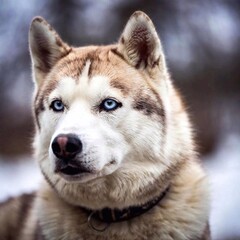 close-up of a Siberian Husky piercing blue eyes, the sharp focus capturing its thick, icy fur, while the snowy landscape in the background fades into a blur