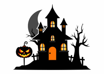 Halloween house with pumpkin vector silhouette on white background