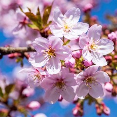 Obraz premium a close-up view of a cluster of blooming cherry blossoms in spring. Capture the intricate details of the petals, stamens, and the subtle variations in color and texture