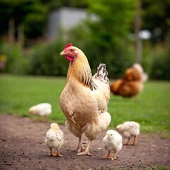Fototapeta premium A family of chickens, with shallow focus capturing a hen and her chicks in the foreground, while the coop and other chickens in the background are gently blurre