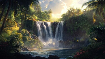 Obraz premium Eden Waterfall: Majestic Tropical Oasis in Bali Jungle at Evening