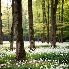 Design an extreme wide shot of a serene, sprawling forest clearing in spring, where the ground is covered in a blanket of delicate spring flowers. Include towering trees in the background and a