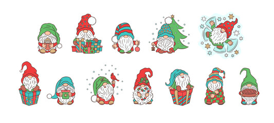 Cute little Christmas gnome collection. Fun cartoon character design isolated set. Scandinavian nordic elf Tomte winter clipart. Christmas items tree, candy cane, cardinal bird, snowflakes, gift box.