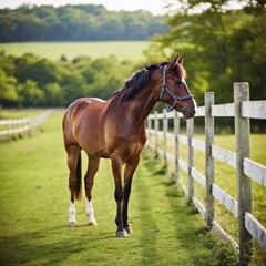 beautiful red horse on a green field