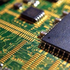 A close-up shot of a glowing LED circuit board, the vibrant lights in focus while the rest of the board fades into a soft blur, highlighting the intricacy of the technology
