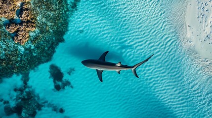 Fototapeta premium Shark gliding through shallow turquoise waters near the shoreline from an aerial view
