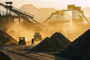 A dusty construction site with piles of sand, gravel, and construction materials, and workers operating machinery.