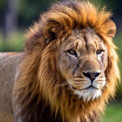Fototapeta premium A close-up photo portrait of a lion in profile, deep focus on the curve of its nose and the texture of its whiskers, eye-level shot highlighting its elegant and fierce nature