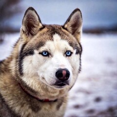 Obraz premium close-up of a Siberian Husky piercing blue eyes, the sharp focus capturing its thick, icy fur, while the snowy landscape in the background fades into a blur