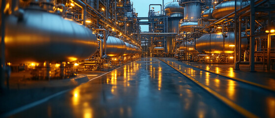 Naklejka premium Illuminated Industrial Facility at Night with Steel Tanks and Pipes, Illuminated Industrial Facility at Night with Steel Tanks and Pi
