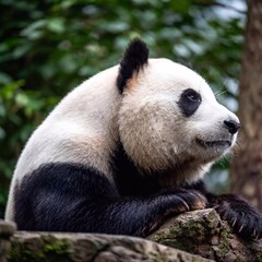 Obraz premium A close-up shot of a sleepy panda's face, with soft focus creating a dreamy, gentle ambiance around its fur and facial features