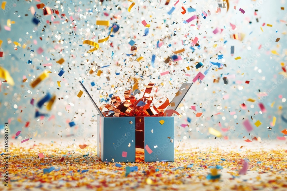 Poster An open gift box releases a burst of colorful confetti and ribbons, adding excitement to a festive occasion and enhancing the celebration atmosphere. Generative AI
