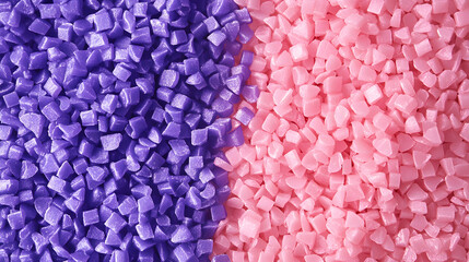 Obraz premium Closeup of raw plastic pellets, pink and purple masterbatch granules, resin beats for injection molding, background