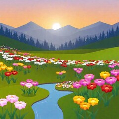 Fototapeta premium Create an expansive view of a tranquil springtime valley filled with a diverse array of colorful spring flowers. The scene should feature a wide stretch of flowering fields, winding streams, and a