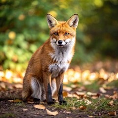 A medium shot of a red fox sitting among autumn leaves, with rack focus emphasizing the fox's detailed fur and the vibrant, blurred foliage around it