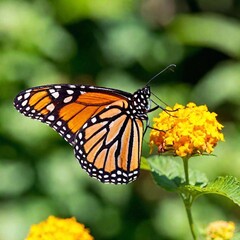 Obraz premium A close-up photo of a monarch butterfly with its wings fully open, deep focus highlighting the contrast between its orange and black markings, eye-level shot offering a sharp portrait that showcases