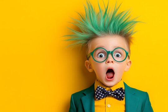 Naklejki Young boy with green hair and glasses is wearing a suit and bow tie. quirky, eccentric child with a shocked expression. child has wild, green hair sticking up, round glasses, a surprised open mouth.