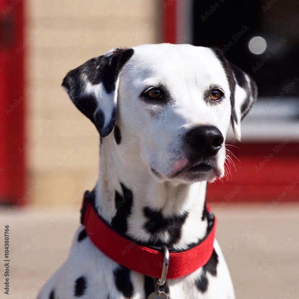 Sticker Dalmatian spotted face in sharp focus, its distinctive black-and-white coat highlighted, as the background of a firehouse blurs softly.