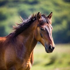 Obraz premium A close-up portrait photo of a horse with the wind blowing through its mane, deep focus revealing the intricate strands of hair and the gentle contours of its face, eye-level shot to emphasize the