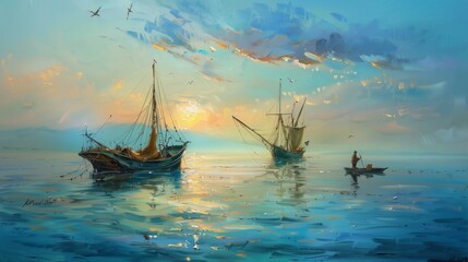 Obraz premium Ships, fisherman, sea landscape. Oil paintings, canvas, art.