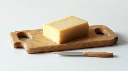 Delicious cheese block on bamboo cutting board