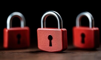 Fototapeta premium Three red padlocks with one open and the other closed - Outdoor