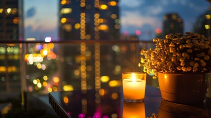 Amidst the vibrant cityscape the candlelit rooftop provided a serene and intimate spot for the class. 2d flat cartoon.