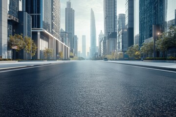 Urban landscape with modern skyscrapers and empty road