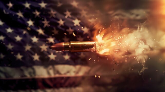 Bullet piercing through with fiery explosion and sparks against the American flag, symbolizing gun violence and political assassination