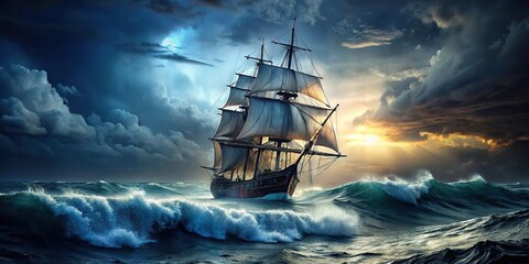sail ship in stormy sea at night