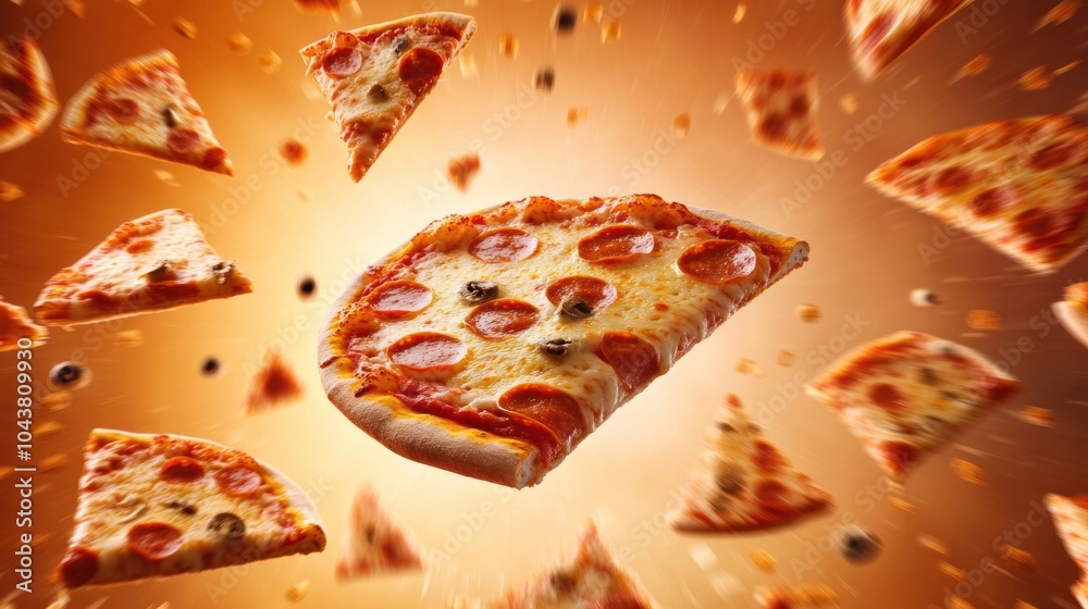 Poster Pepperoni pizza slices burst through a colorful background, offering a whimsical setting perfect for capturing attention and adding text. Generative AI