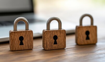 Fototapeta premium Two wooden padlocks sitting on a wooden table - Interiors