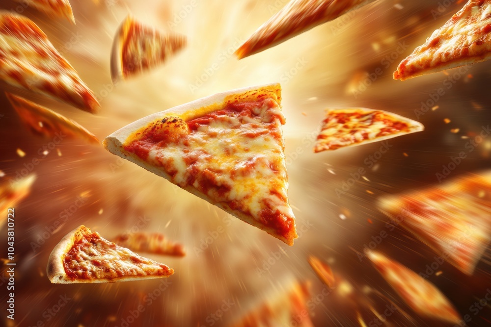 Poster vibrant slices of pizza fly across a colorful background, evoking a sense of movement and excitement