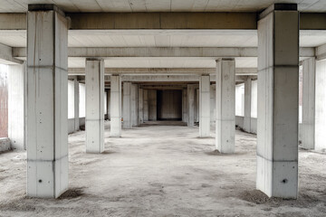 Obraz premium Minimalist concrete structure under construction, simple textures, no clutter, empty space around.