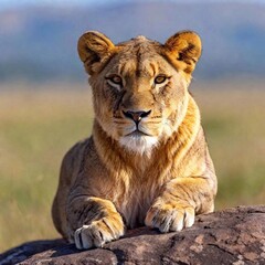 Obraz premium A full shot photo of a lioness resting on a large rock, deep focus on its relaxed posture and the texture of its mane, low-angle shot capturing the full body against a backdrop of the expansive