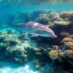 A medium shot, ultra-realistic photo of a dolphin swimming near a coral reef, with deep focus on the vivid colors and textures of the coral and the sharp contours of the dolphin as it explores its