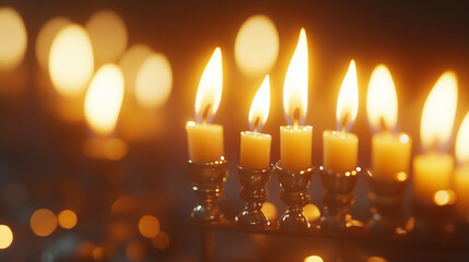 Close-up of lit menorah candles for Hanukkah celebration