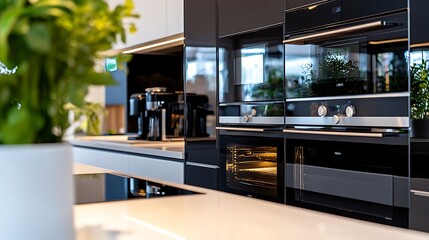 Fototapeta premium Modern Black Coffee Machine in a Stylish Kitchen with Cup - Sleek Home Appliance Closeup