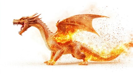 Fototapeta premium A fiery dragon with golden scales and glowing eyes roars as it bursts into flames against a white background.