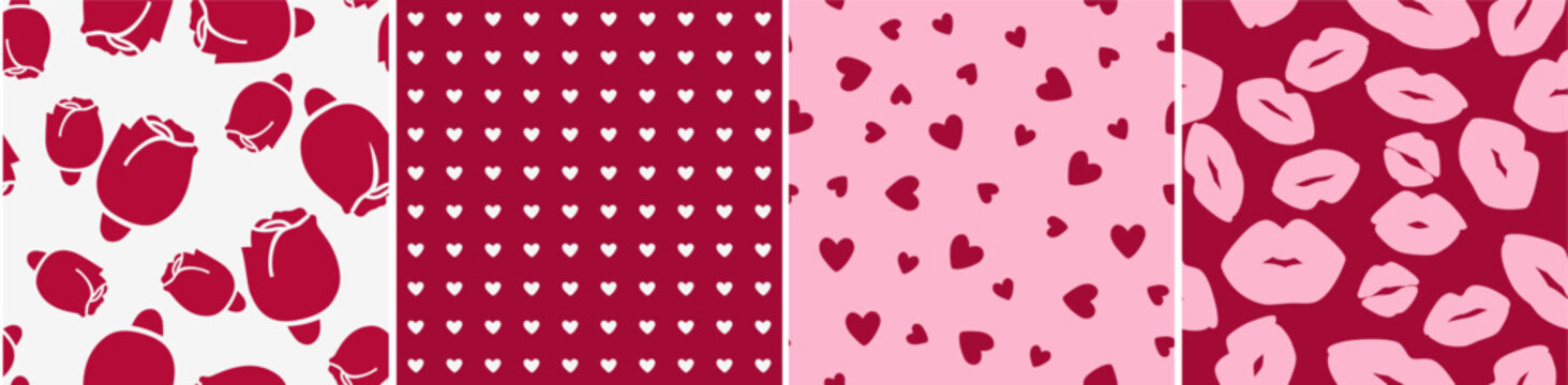 Set of decorative love seamless red and pink pattern with buds roses, lips and hearts shape. Vector illustration. Wrapping template for Valentine's Day gift.	